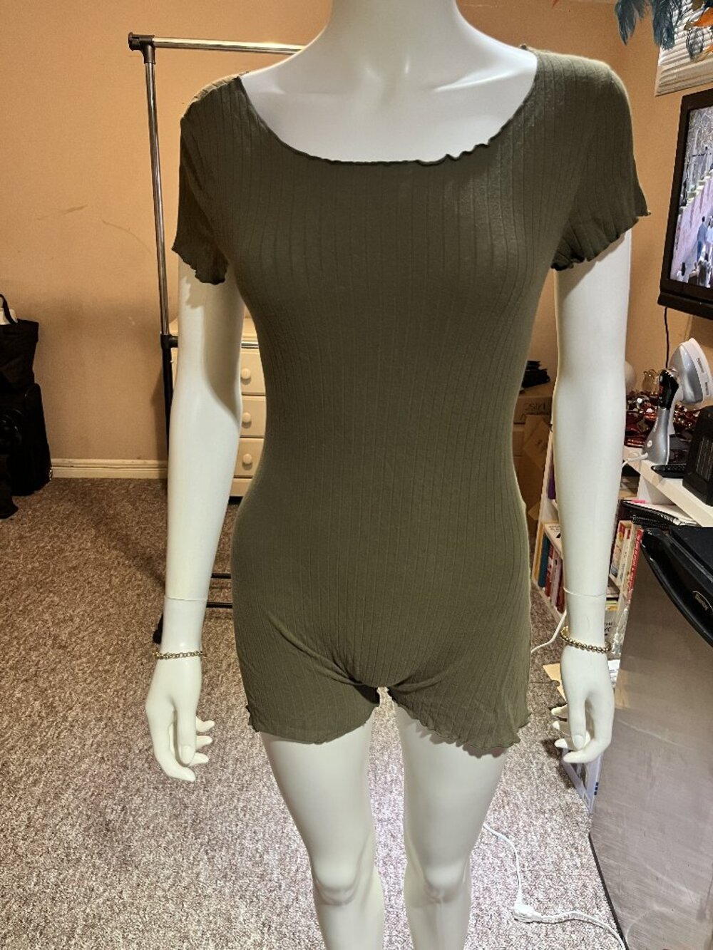 Lettuce Trim Rib-knit Skinny Romper
